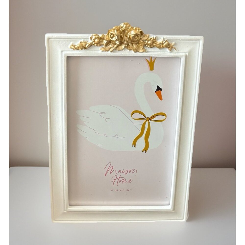 Shabby Chic Farmhouse Picture Frame 4x6 White Gold Roses Feminine French Country